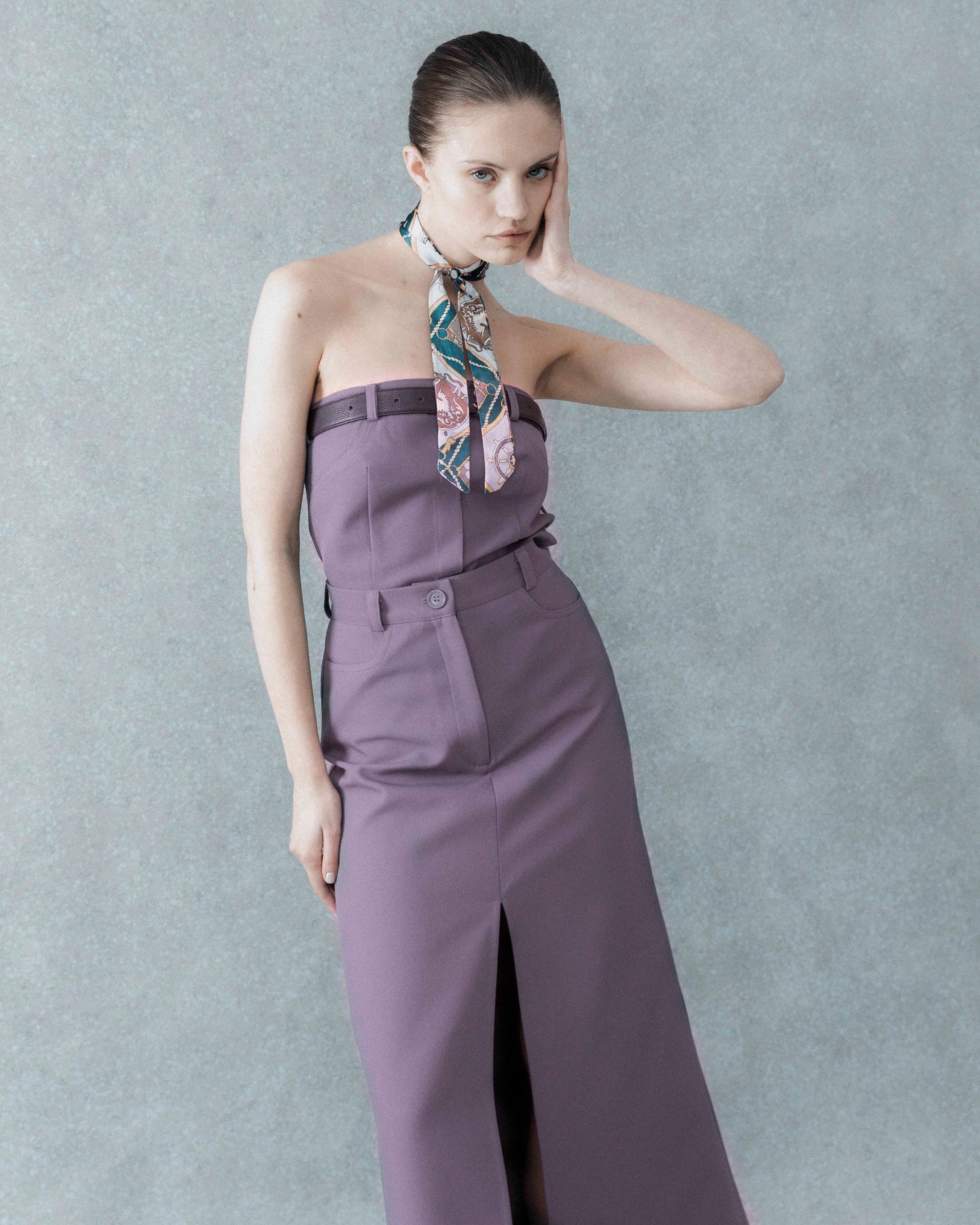 SET: MIDI SKIRT, CORSET. GRAY- PURPLE.