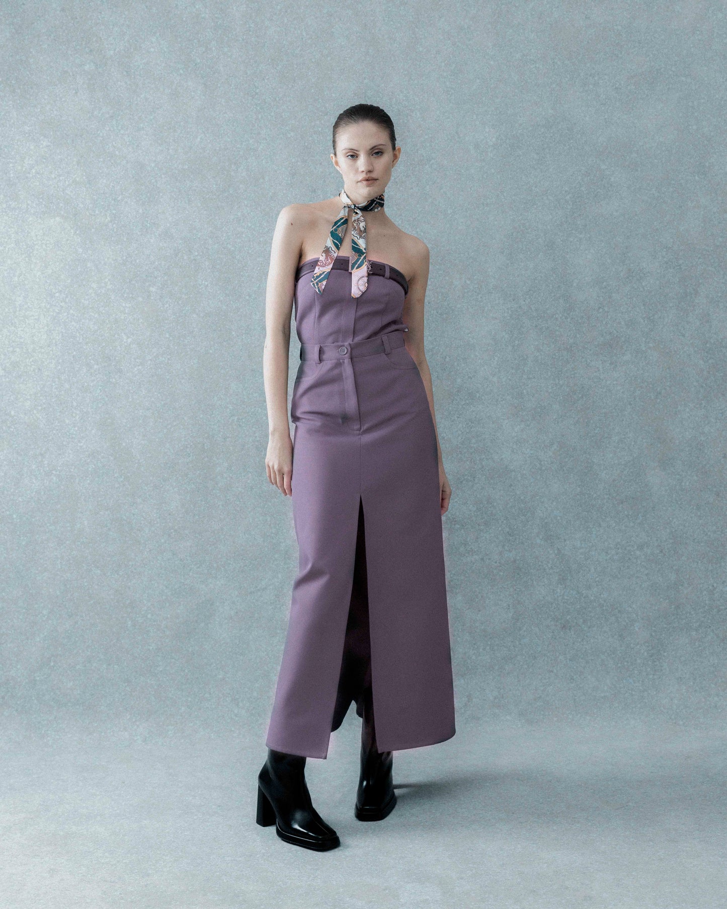 SET: MIDI SKIRT, CORSET. GRAY- PURPLE.