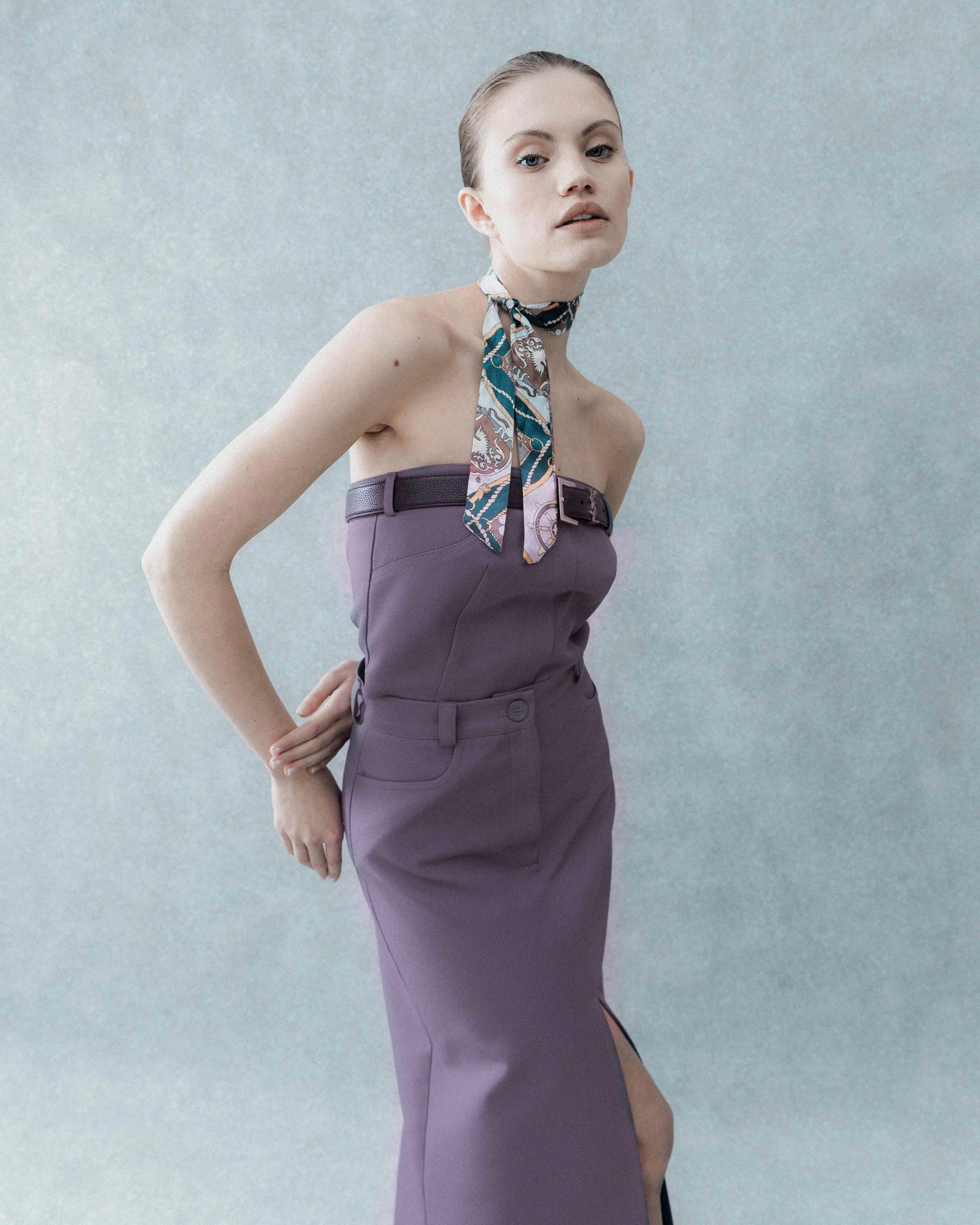 SET: MIDI SKIRT, CORSET. GRAY- PURPLE.