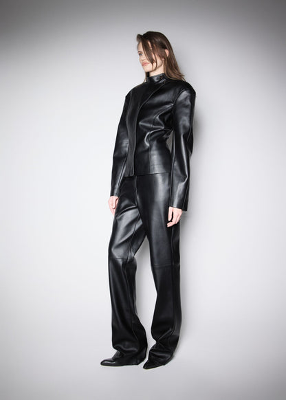 NY FITTED JACKET.  BLACK PREMIUM VEGAN LEATHER