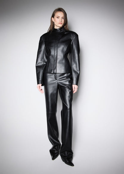 NY FITTED JACKET.  BLACK PREMIUM VEGAN LEATHER