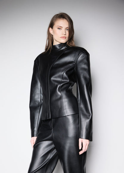 NY FITTED JACKET.  BLACK PREMIUM VEGAN LEATHER
