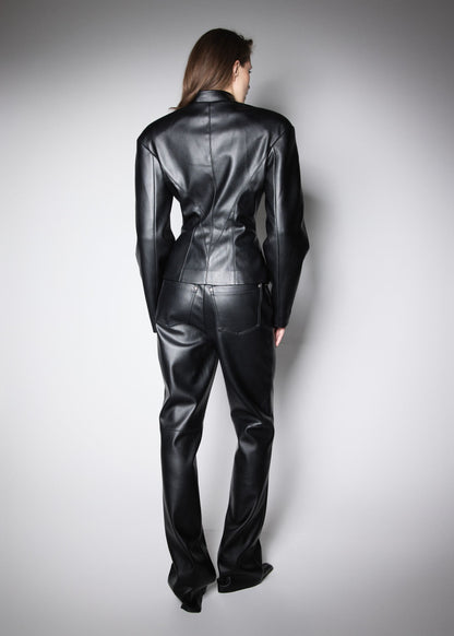 NY FITTED JACKET.  BLACK PREMIUM VEGAN LEATHER