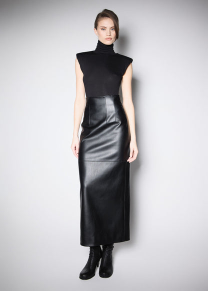 90’S MIDI SKIRT.BLACK PREMIUM VEGAN LEATHER