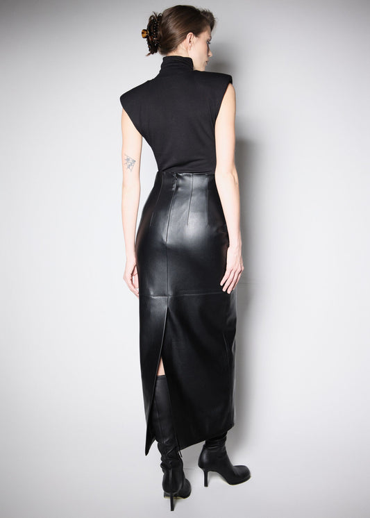 90’S MIDI SKIRT.BLACK PREMIUM VEGAN LEATHER