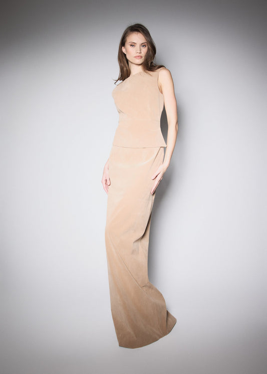 PRESS SKIRT. BEIGE VEGAN SUIDE