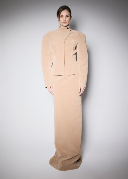 NY FITTED JACKET. BEIGE VEGAN SUIDE