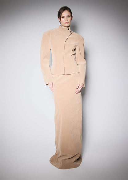 PRESS SKIRT. BEIGE VEGAN SUIDE