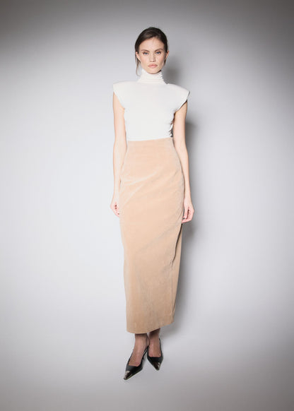 90’S MIDI SKIRT. BEIGE VEGAN SUIDE