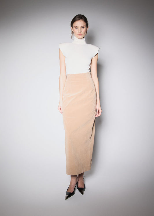 90’S MIDI SKIRT. BEIGE VEGAN SUIDE