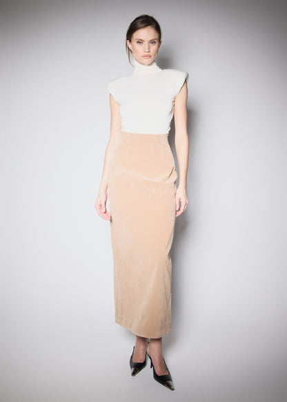 90’S MIDI SKIRT. BEIGE VEGAN SUIDE