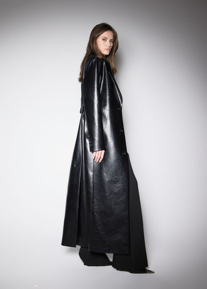 KENNEDY TRENCH. BLACK PREMIUM VEGAN CROCO LEATHER
